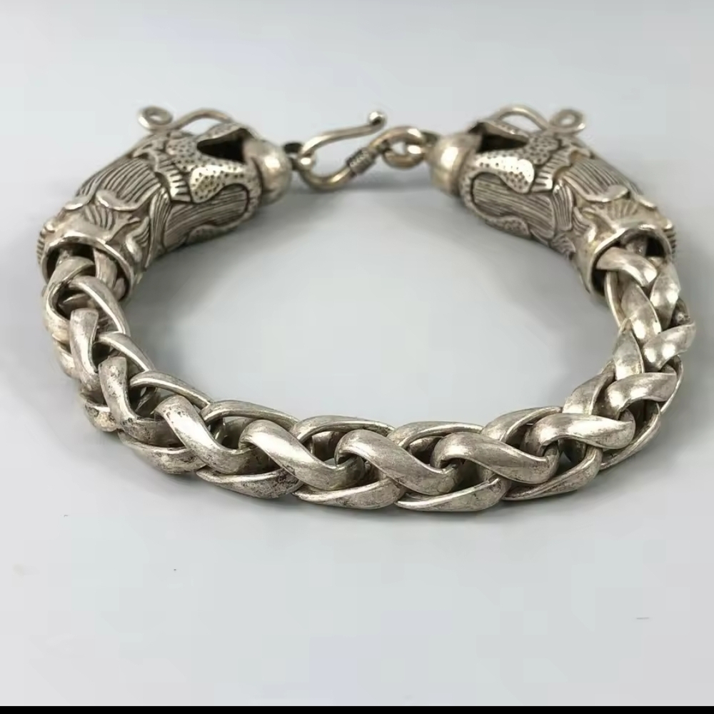 Vintage Silver Dragon Two Heads Tibetan Silver Bracelet.
